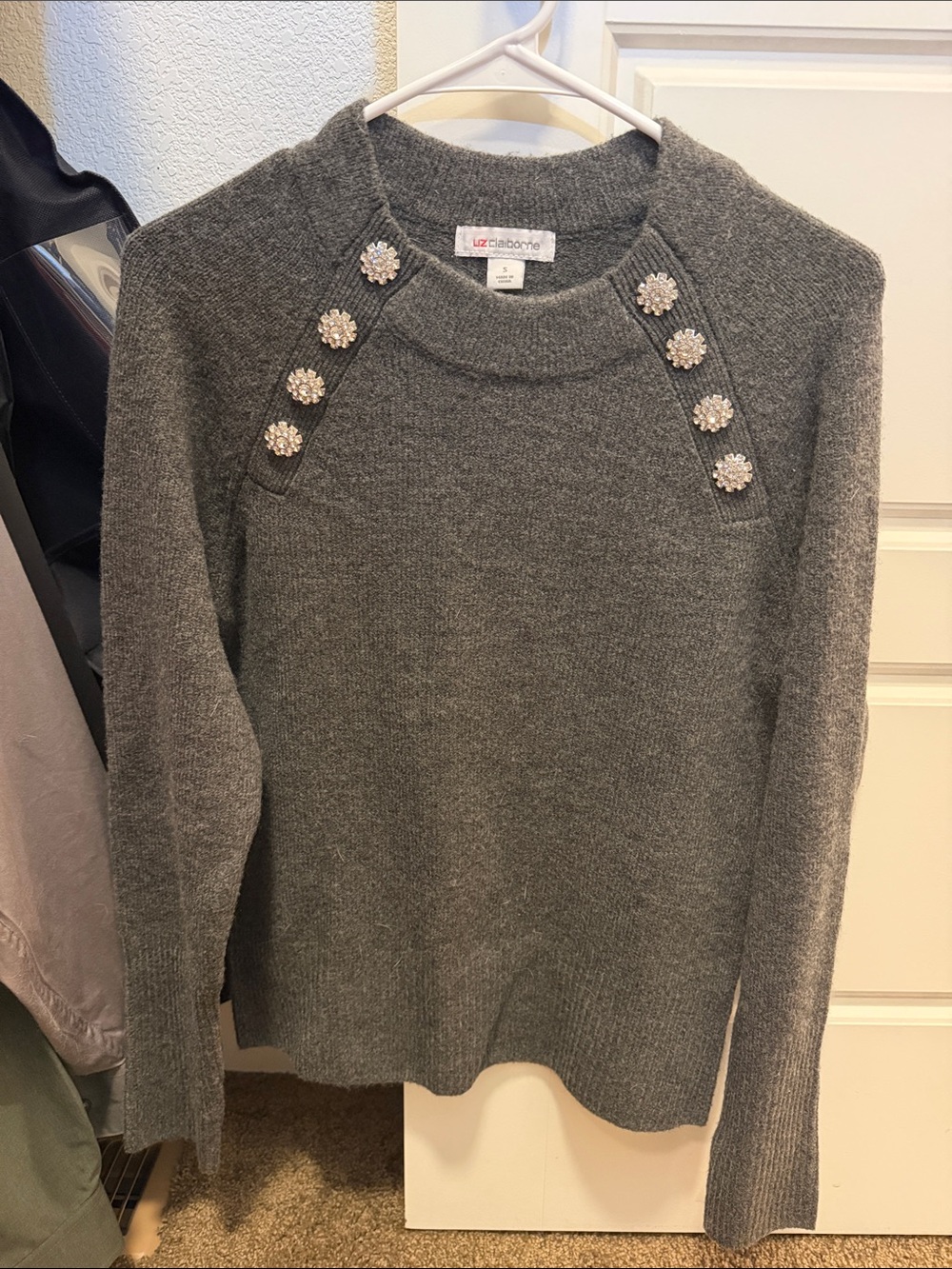 Liz Claiborne Gray Crewneck Sweater with Jewel Buttons